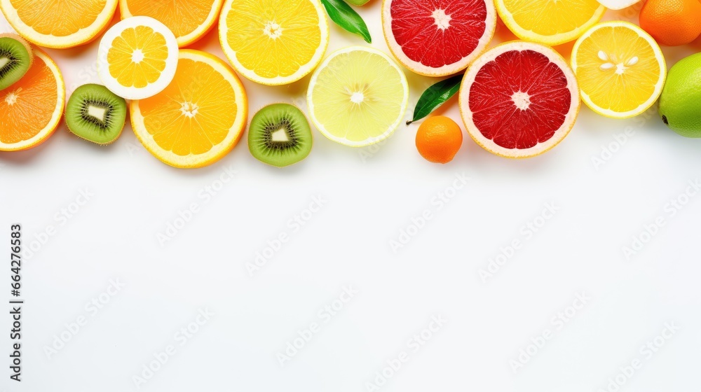 Assorted vibrant summer fruit displayed on white table Assorted vibrant summer fruit displayed on white table