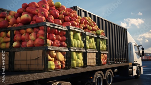 Apple filled containers loaded onto a truck for market distribution photo