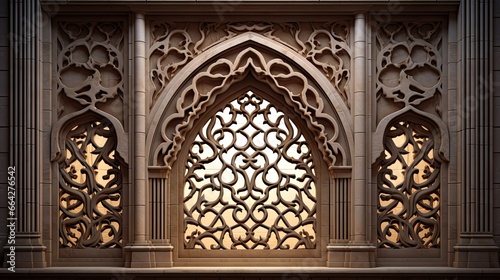 An Islamic art exhibit in Dubai showcasing a carved stone openwork window in the style of Arabic mosques