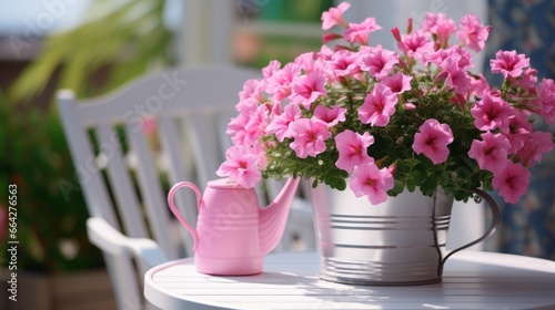 Beautiful pink Petunia flowers and a white watering can adorn a table on a sunny summer day