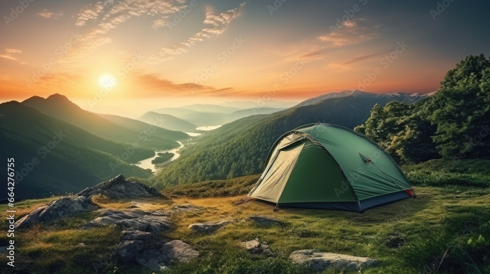 Camping tent on mountain with beautiful sunrise Enjoying fresh air