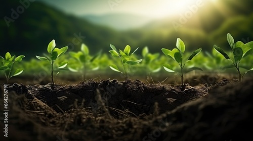 Concept of renewable and sustainable energy sources Green trees in perfect soil Agricultural Development Research and technology background for plant farming