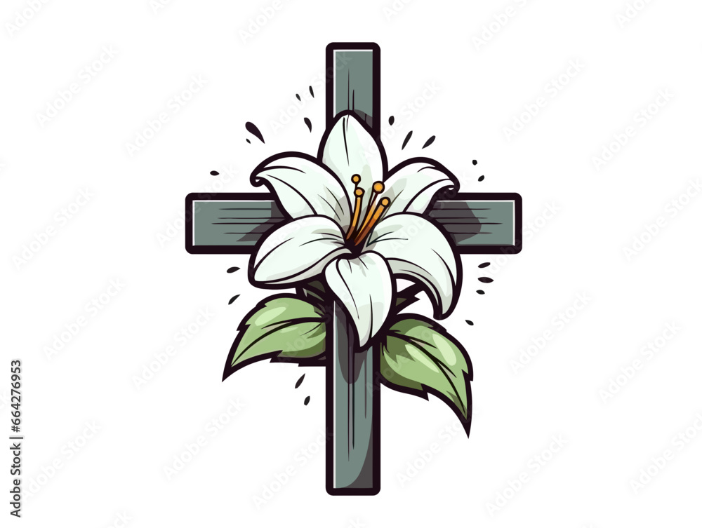 Doodle Cross with lily, cartoon sticker, sketch, vector, Illustration, minimalistic Doodle Cross with lily, cartoon sticker, sketch, vector, Illustration, minimalistic