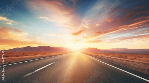 Blurred motion in the empty sunny summer road stretching towards the horizon at sunset