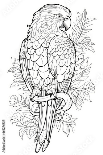 coloring page of a parrot or macaw in a line art hand drawn style for kids and teens