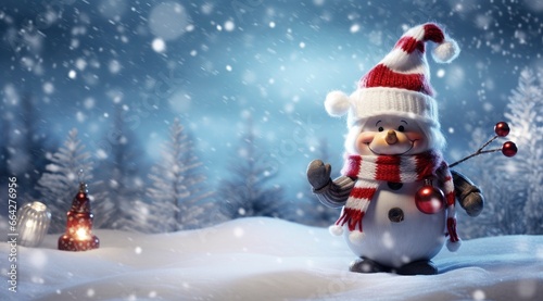 Happy snowman in the winter scenery. © AbulKalam