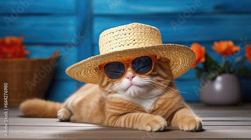 A relaxed ginger cat wearing sunglasses and a sombrero is shown on a white background