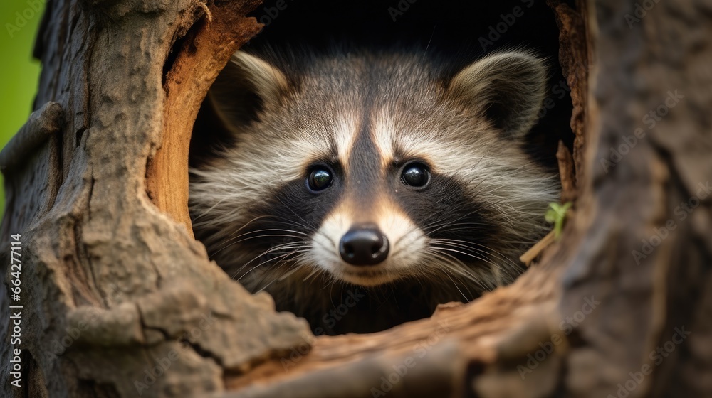 Beautiful raccoon camouflaged in tree hollow North American habitat - obrazy, fototapety, plakaty 