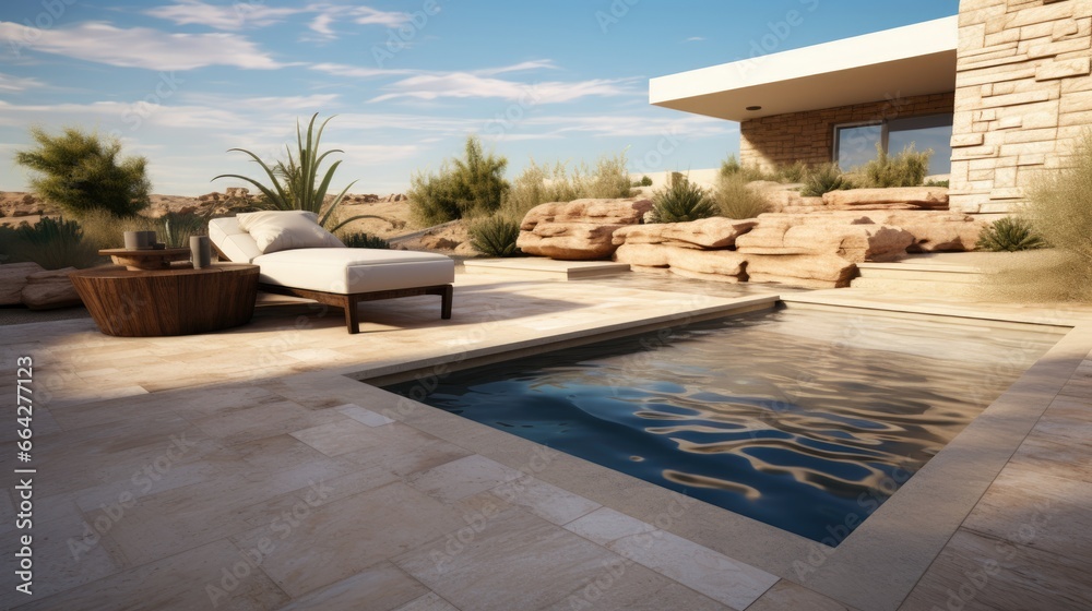 Fototapeta premium A desert backyard with a pebble tech pool and travertine patio