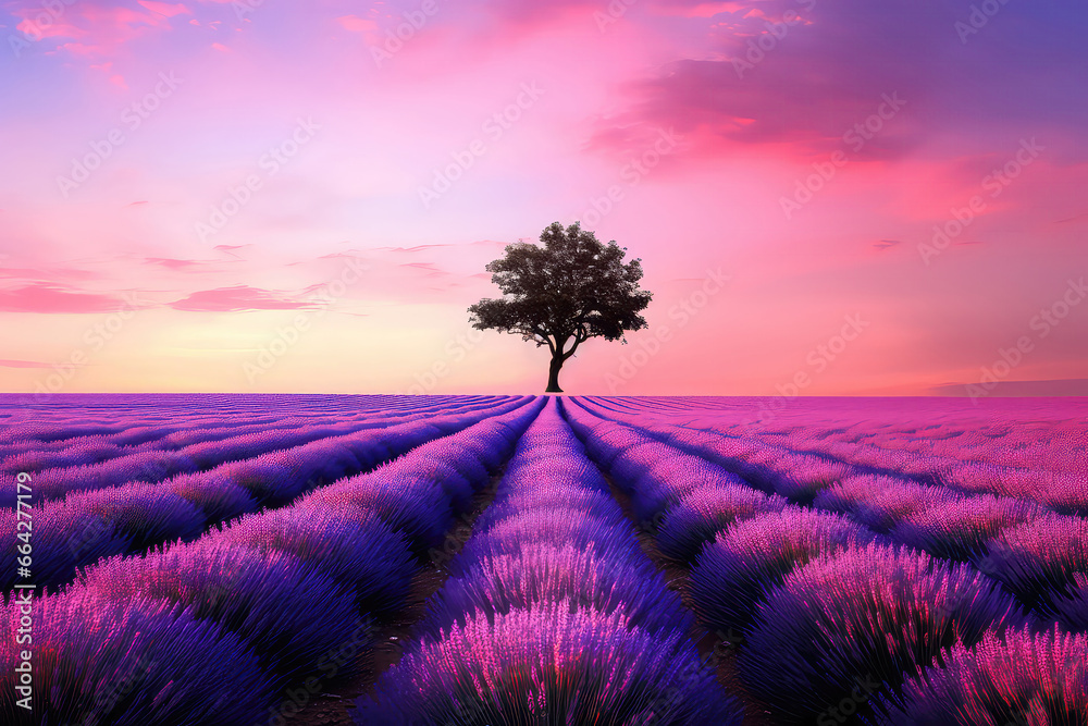 Lone Tree Stands In Mesmerizing Sunset Lavender Field Lone Tree Stands In Mesmerizing Sunset Lavender Field