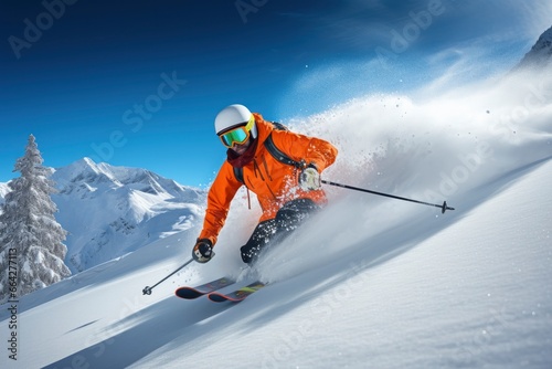 Skier Skiing On Mountain Slope. © AbulKalam
