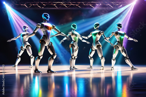 A robot doing group ballet on stage. Generative AI © seongyong