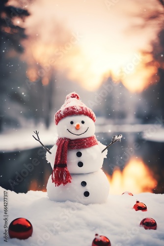 Snowman with scarf and hat in winter forest. Christmas background. © fledermausstudio