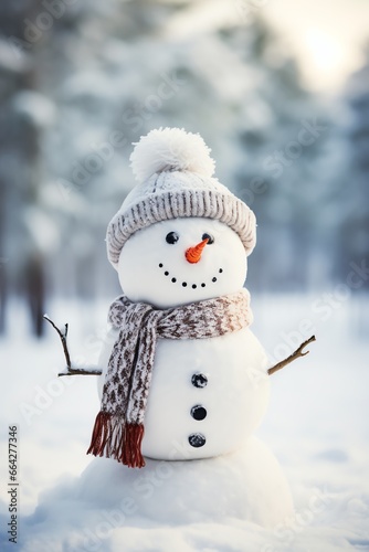 Snowman with scarf and hat in winter forest. Christmas background.