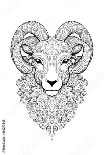 coloring page with mandala ornaments of a sheep lamb or goat in a line art hand drawn style