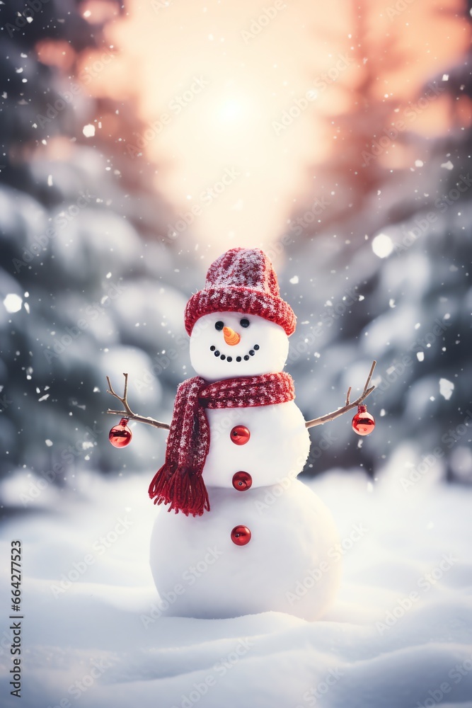 Snowman with scarf and hat in winter forest. Christmas background.