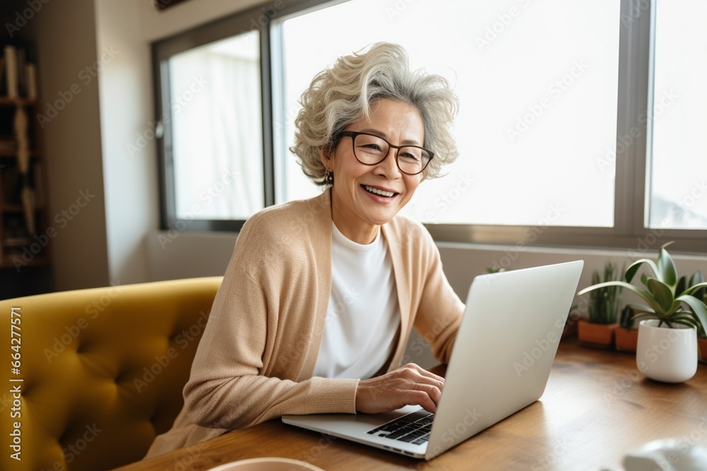 Happy woman working remote from home office using laptop to take notes Middle-aged business woman in her 60s smiling using a computer watching a webinar. Happy woman working remote from home office using laptop to take notes Middle-aged business woman in her 60s smiling using a computer watching a webinar.