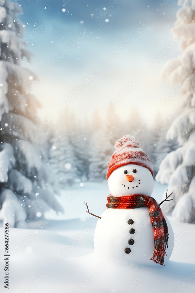 Obraz premium Snowman with scarf and hat in winter forest. Christmas background.