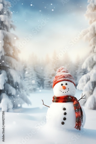 Snowman with scarf and hat in winter forest. Christmas background. © fledermausstudio