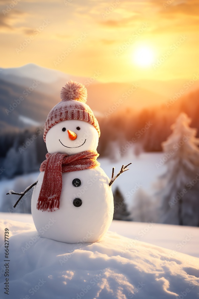 Obraz premium Snowman with scarf and hat in winter forest. Christmas background.