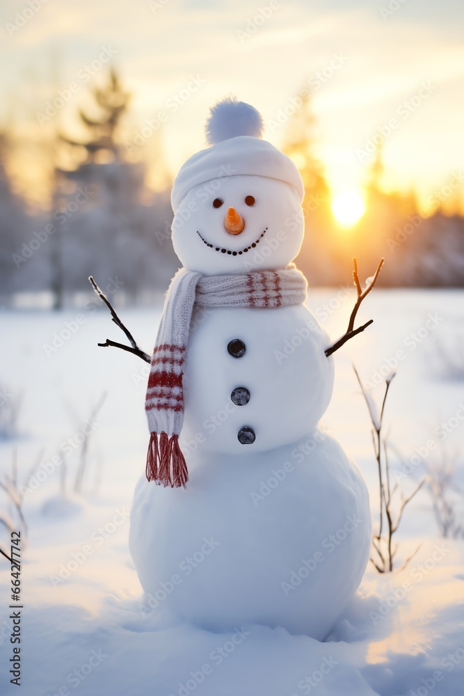 Obraz premium Snowman with scarf and hat in winter forest. Christmas background.