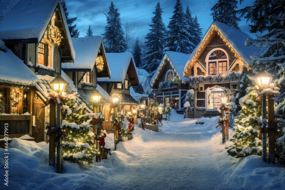Christmas Holidays village with Snow illuminated with christmas lights.