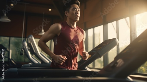 Young Man Running on a Treadmill in a Gym. Fictional characters created by Generated AI. photo
