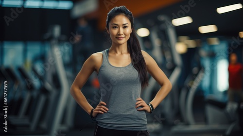 Fitness Model Showcasing Her Abs at the Gym. Fictional characters created by Generated AI.