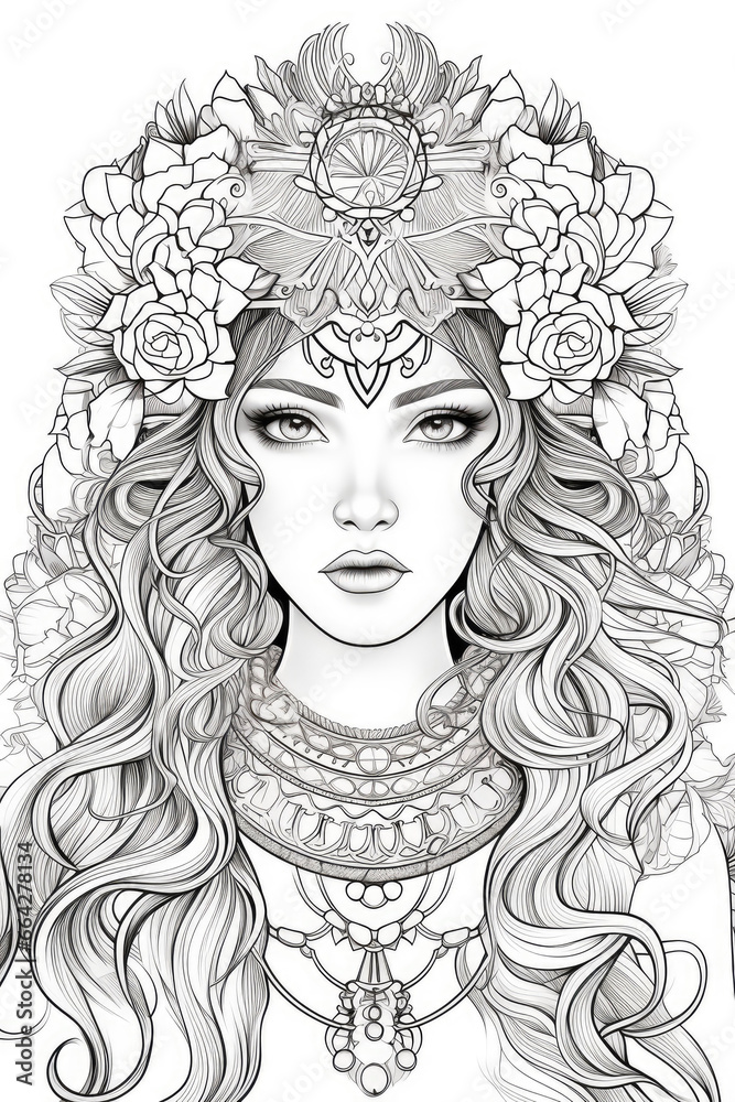 coloring page with of adult princess in a line art hand drawn style for kids and teens coloring page with of adult princess in a line art hand drawn style for kids and teens