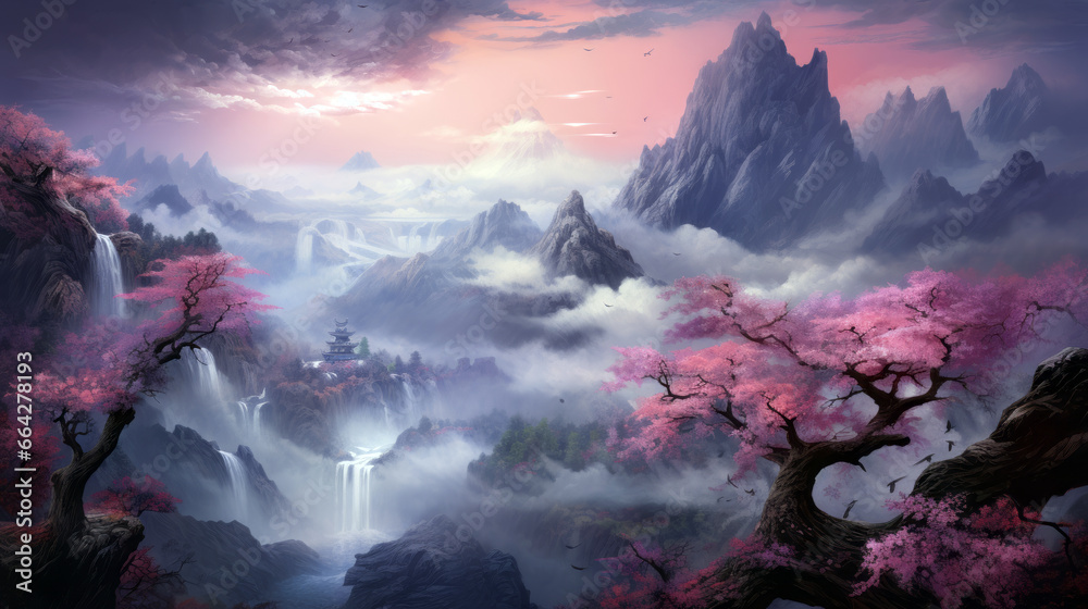sunrise over the mountains with cherry trees