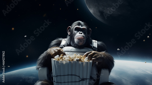 Ape eating movie popcorn in space from a theatre seat  moon in background 