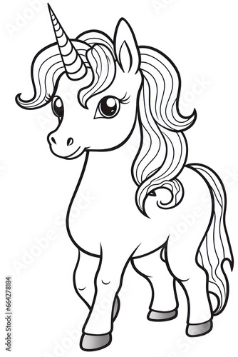 Cute cartoon unicorn illustration in a line art hand drawn style for kids