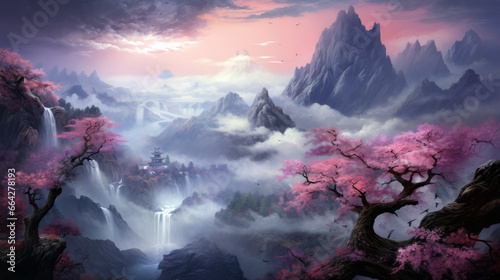 sunrise over the mountains with cherry trees