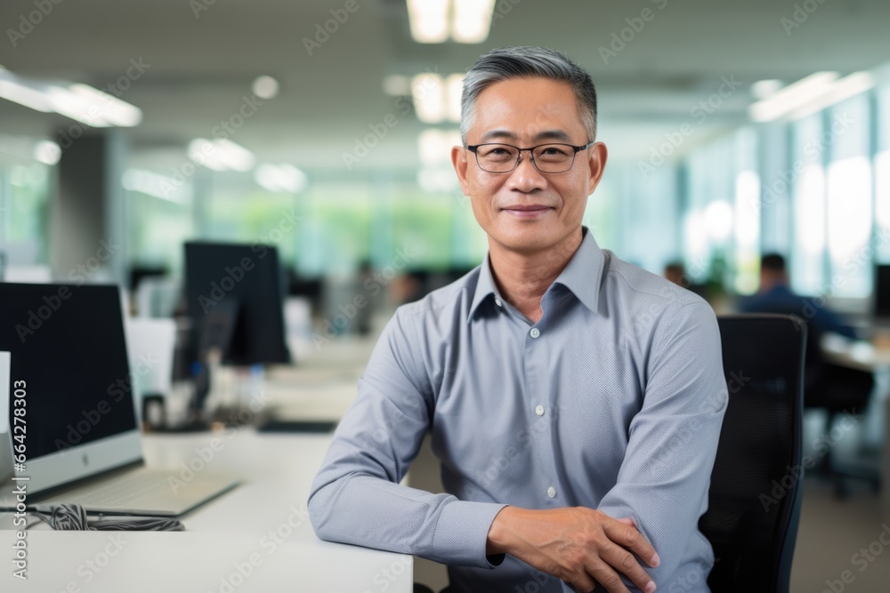 A man in a office setting smiling for the camera. Fictional characters created by Generated AI. A man in a office setting smiling for the camera. Fictional characters created by Generated AI.