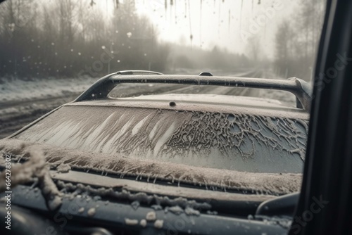 Poor visibility due to salt stains on rear car window, dangerous driving in winter season. The car is covered in dry mud and salt, with a dirty body. Closeup. Generative AI