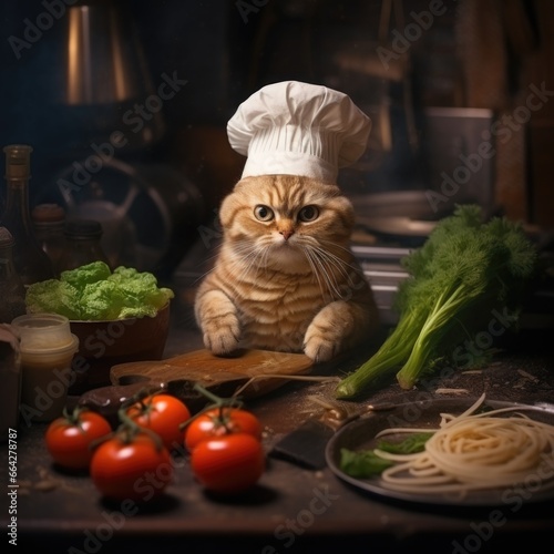 Cat chef with hat in the kitchen prepares food.