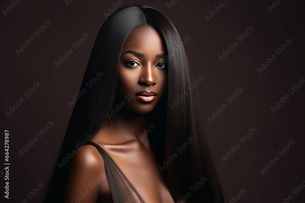 Black woman with straight long hair portrait. Beautiful African model in photo studio. Generate ai