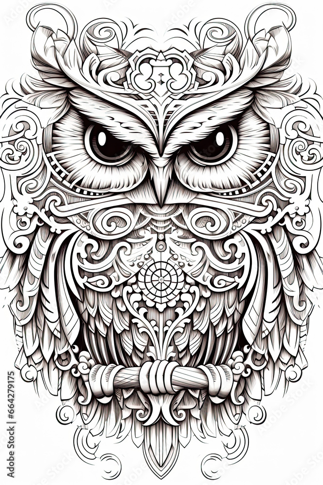 mandala of an owl in a line art hand drawn style