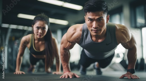 In the Gym  Two Young Adults Are Pushing Their Limits  Exercising Their Muscles. Fictional characters created by Generated AI.