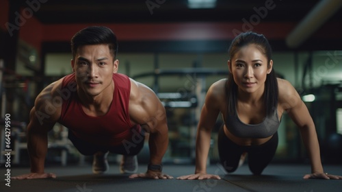 Fitness couple exercises together in the gym. Fictional characters created by Generated AI.