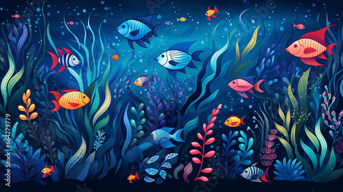 Sea life ocean pattern generative ai illustration. 