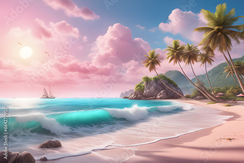 beach with palm trees/boat/clouds/generative AI