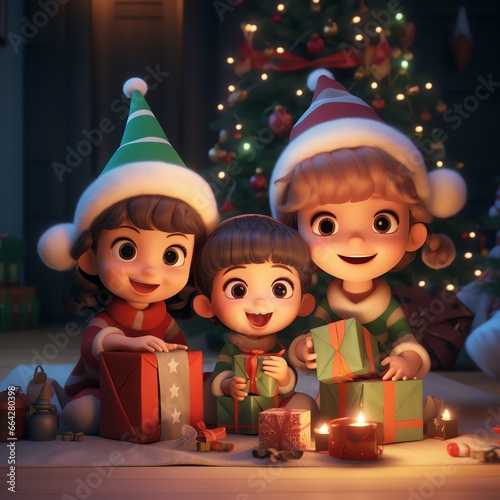 Cute happy children in winter clothes celebrating christmas