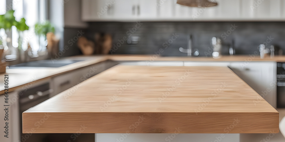 Wooden tabletop counter in front of bright modern kitchen. Wooden tabletop counter in front of bright modern kitchen.