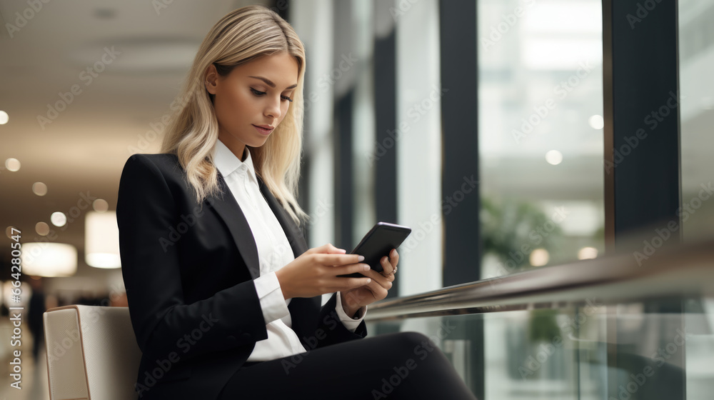 Businesswoman writes a message on her phone while working in office