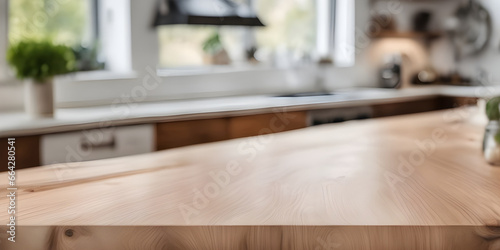 Wooden tabletop counter in front of bright modern kitchen.