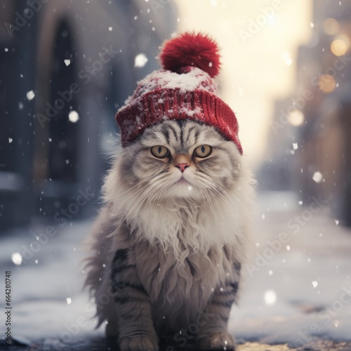 Domestic cat in winter hat outdoors in winter © cherezoff