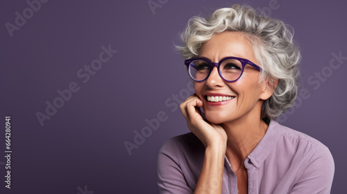 A middle-aged woman with gray hair smiles and looks away against a purple background photo