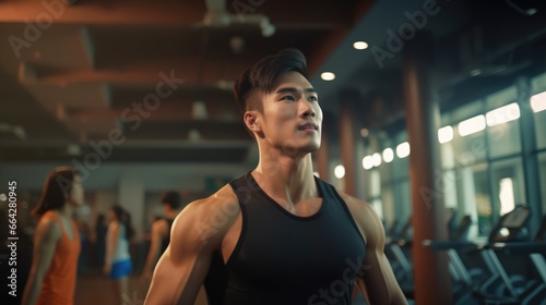 Inside a Gym - Young Man with Impressive Muscles Pumping Iron. Fictional characters created by Generated AI.