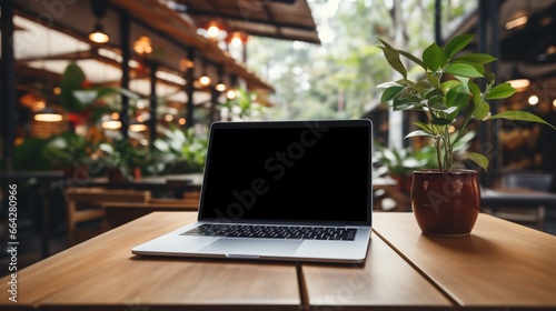 laptop on wooden table, nature theme